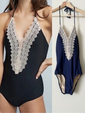 NWT Anthropologie Allihop SMALL lace trim plunge one piece swimsuit in navy blue